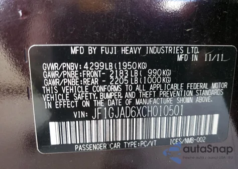 2012 Subaru Impreza 2.0I Premium из США, поврежденный, VIN JF1GJAD6XCH010501